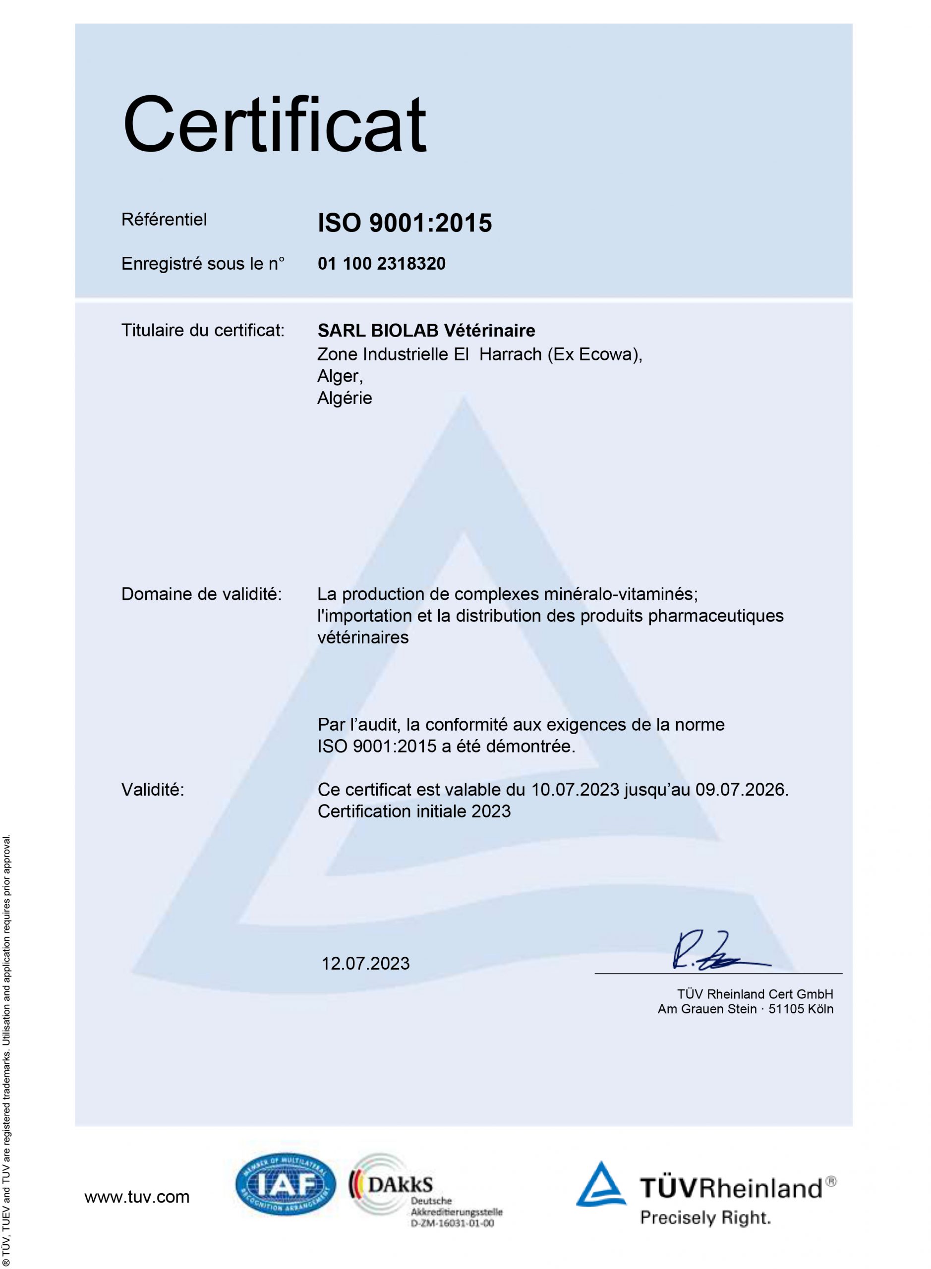 BIOLAB Vétérinaire annonce l’obtention de la certification ISO 9001:2015